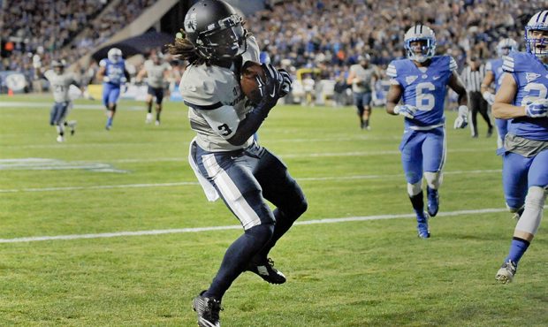 PROVO, UT - OCTOBER 3: Devonte Robinson #3 of the Utah State Aggies catches a second-quarter touchd...