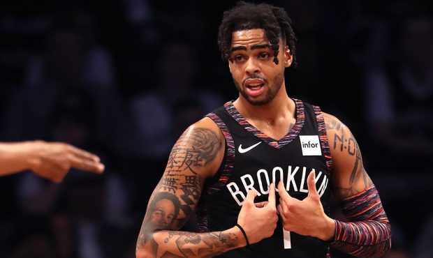 D'Angelo Russell #1 of the Brooklyn Nets reacts after a call in the second quarter against the Phil...