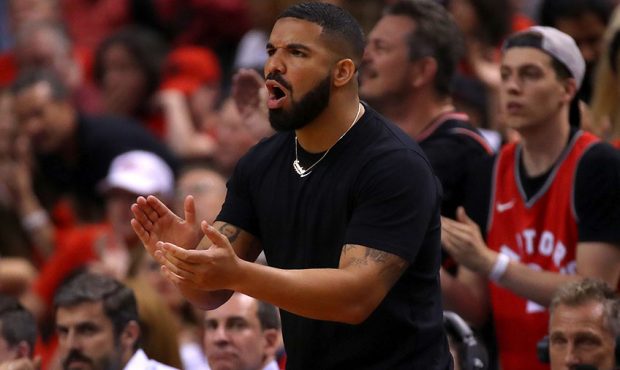 Drake reacts in the first half during Game Five of the 2019 NBA Finals between the Golden State War...