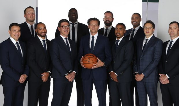 A photo of the 2018-19 Utah Jazz coaching staff. Fotis Katsikaris is left of center to head coach Q...