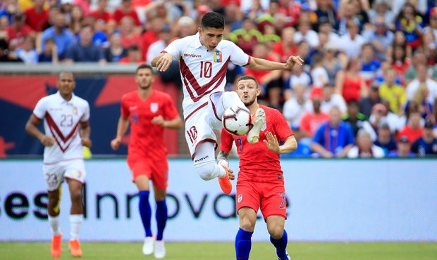 Jefferson Savarino #10 of the Venezuela men's national team controls the ball in the first half of ...
