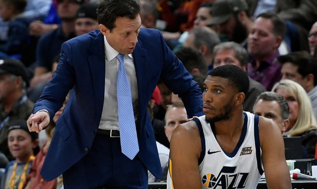 Head coach Quin Synder of the Utah Jazz talks with Tony Bradley #13 of the Utah Jazz in the second ...