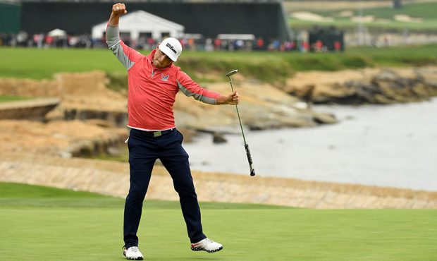 Gary Woodland of the United States celebrates on the 18th green after winning the 2019 U.S. Open at...