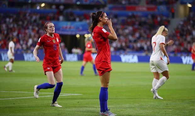 Alex Morgan of the USA celebrates with teammate Rose Lavelle after scoring her team's second goal d...