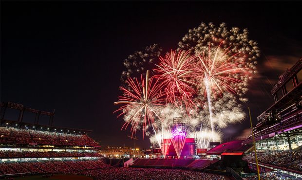 DENVER, CO - JULY 4: A general view of the stadium as fans enjoy a fireworks display after the Cinc...