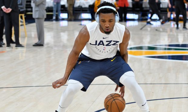 Donovan Mitchell #45 of the Utah Jazz practices dribbling  prior to Game Four during the first roun...