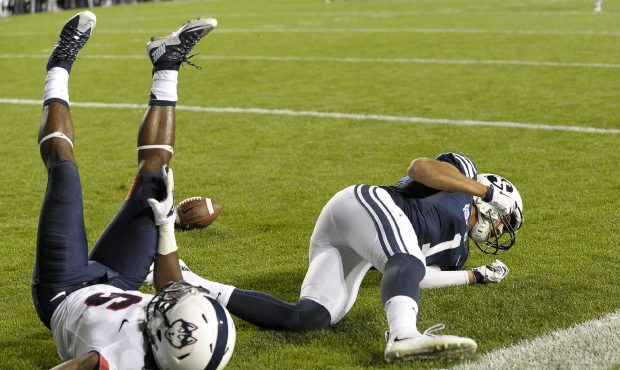 PROVO, UT - OCTOBER 2: Intended receiver Maroni Laulu-Putuau #1 of the Brigham Young Cougars nor de...
