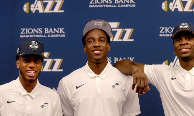 Utah Jazz rookies, left to right, Justin Wright-Foreman, Miye Oni and Jarrell Brantley pose for a p...