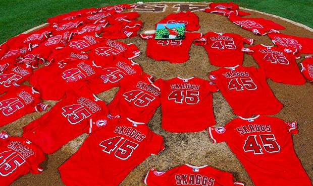Los Angeles Angels of Anaheim players layed their jerseys on the pitchers mound after they won a co...