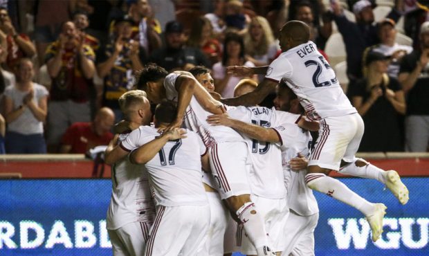 Real Salt Lake celebrates after midfielder Albert Rusnak (11) scores the third goal of the night du...