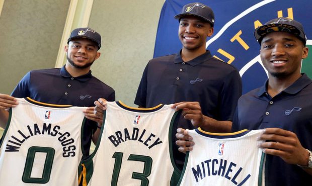 The three players selected by the Utah Jazz in last Thursday's NBA draft were introduced to the med...