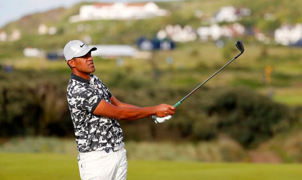Tony Finau of the United States plays a shot on the 17th during the first round of the 148th Open C...
