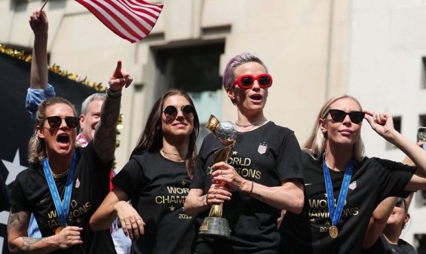 Ashlyn Harris, Alex Morgan, Megan Rapinoe, and Allie Long celebrate during the U.S. Women's Nationa...