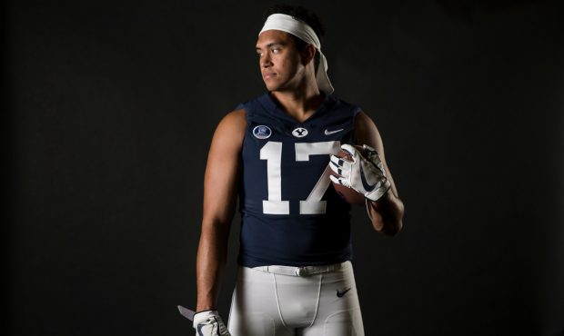 BYU tight end Moroni Laulu-Pututau poses for a photo at the school's indoor practice facility in Pr...