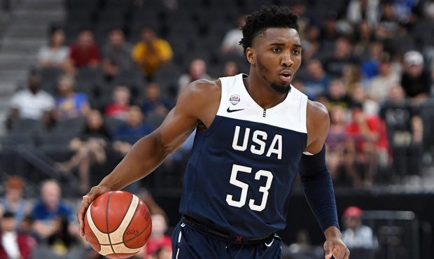Donovan Mitchell #53 of the 2019 USA Men's National Team brings the ball up the court during the 20...