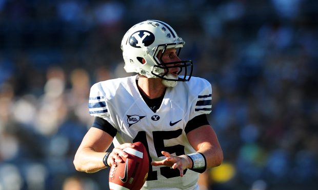 SAN DIEGO - OCTOBER 17: Max Hall #15 of BYU Cougars looks to pass the ball to teammate while playin...