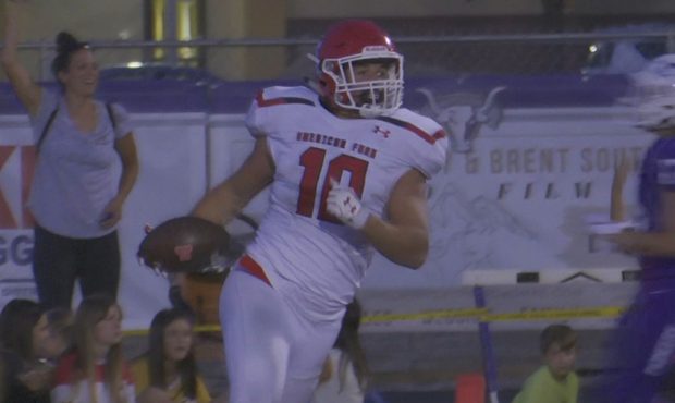 Jaxon Gregory scores a touchdown during American Fork's win over Lehi on August 16, 2019. (KSL Spor...
