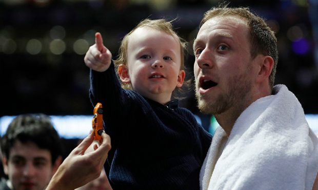 Joe Ingles of the Boomers and son Jacob are seen during game two of the International Basketball se...