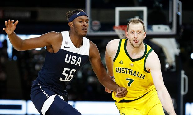 Joe Ingles of the Boomers runs with the ball during game two of the International Basketball series...