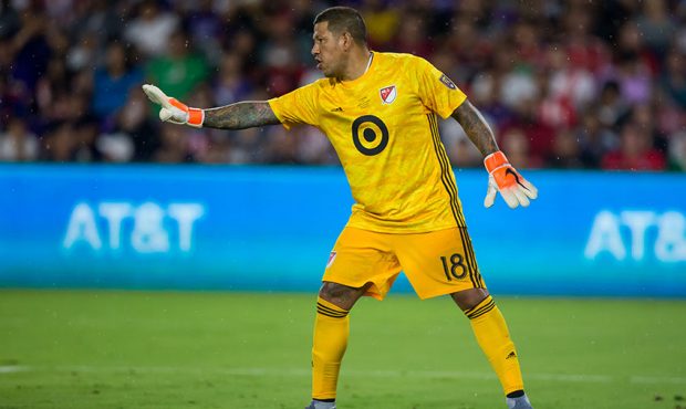 All-Star keeper Nick Rimando (18) talks to teammates during the MLS All Star Game on July 31, 2019 ...