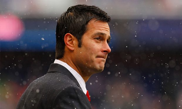 Head coach Mike Petke of New York Red Bulls watches from the sidelines against the D.C. United at R...