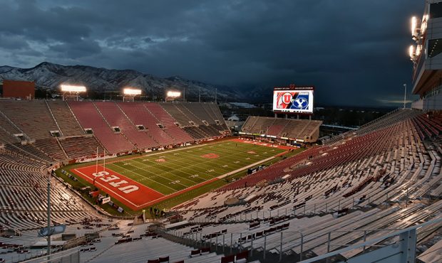 General view of Rice-Eccles Stadium prior to the game between the Brigham Young Cougars and the Uta...