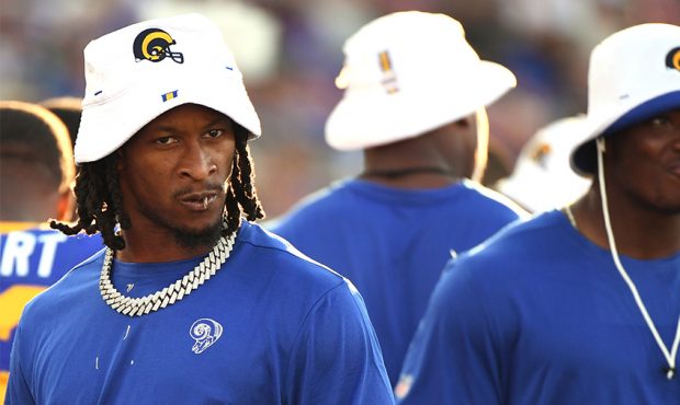 Todd Gurley #30 of the Los Angeles Rams on the sidelines during a preseason game against the Denver...