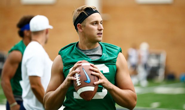 #16 Quarterback Baylor Romney on the first day of 2019 BYU Football fall camp. (Photo: BYU Photo)...