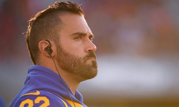 Eric Weddle #32 of the Los Angeles Rams on the sidelines during a preseason game against the Denver...