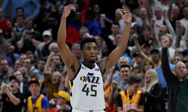 Donovan Mitchell #45 of the Utah Jazz reacts to a late basket in the second half of a NBA game agai...