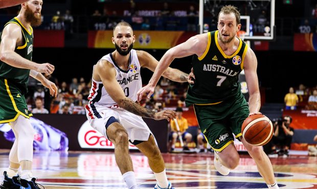 Joe Ingles(R) #7 of Australia in action against Evan Fournier #10 of France during 2nd round Group ...