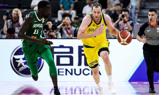 Joe Ingles of Australia drives the ball the ball during the 2019 FIBA World Cup, first round match ...
