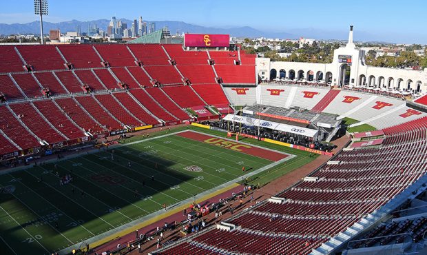 A general view of the Los Angeles Memorial Coliseum before the game between the USC Trojans and the...