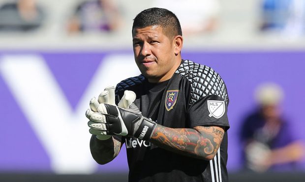 Nick Rimando #18 of Real Salt Lake looks on during a MLS soccer match against Orlando City SC at th...