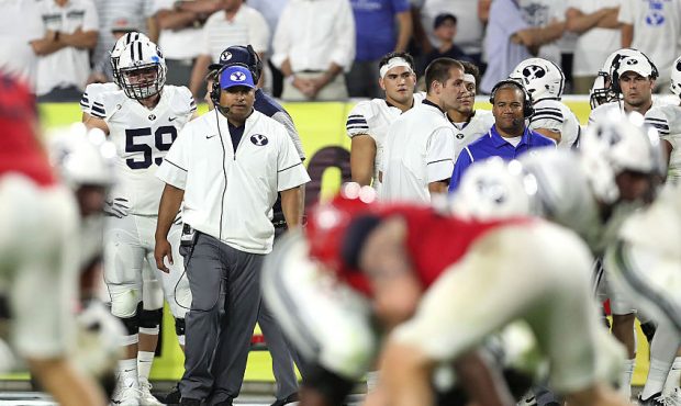 Head coach Kalani Sitake of the Brigham Young Cougars watches from the sidelines during the second ...