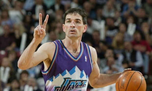 John Stockton #12 of the Utah Jazz dribbles in Game five of the Western Conference Quarterfinals ag...