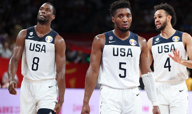 Donovan Mitchell of USA celebrate after their team's win against Brazil during FIBA World Cup 2019 ...