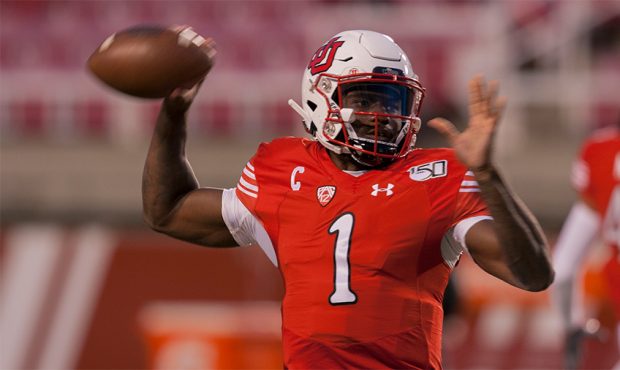 Tyler Huntley #1 of the Utah Utes throws a pass during warm ups before their game against the Washi...