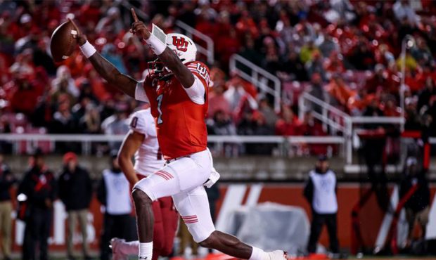Utah Utes quarterback Tyler Huntley (1) runs the ball into the end zone but the play is called back...