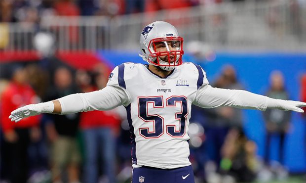 Kyle Van Noy #53 of the New England Patriots celebrates a play in the first half during Super Bowl ...