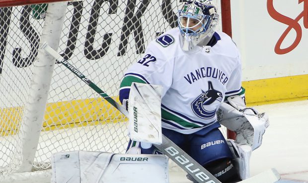 Richard Bachman #32 of the Vancouver Canucks skates in warm-ups prior to the game against the New Y...