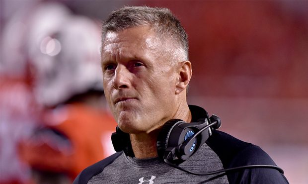 Head coach Kyle Whittingham of the Utah Utes looks on from the sidelines during their game against ...