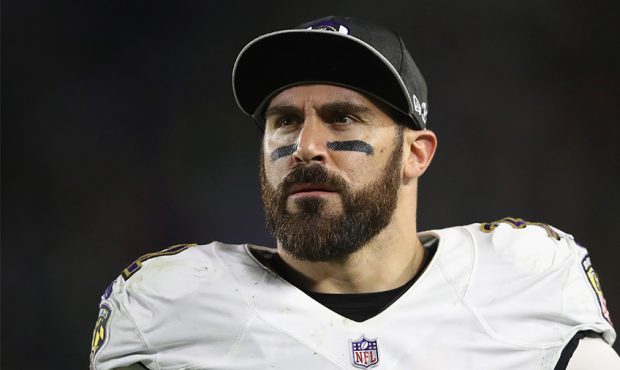 Eric Weddle #32 of the Baltimore Ravens looks on during the second half of a game against the Los A...