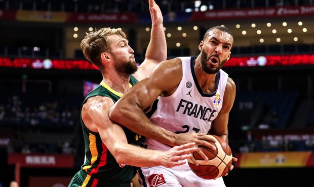 Rudy Gobert(R) #27 of France in action against Domantas Sabonis #11 of Lithuania during 2nd round G...