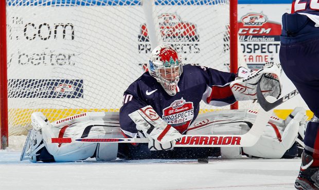 Hunter Miska #30 of Team Housley tends net against Team McClanahan at the USA Hockey All-American P...