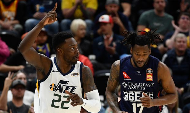 Jeff Green #22 of the Utah Jazz celebrates a basket during a game against the Adelaide 36ers at Viv...