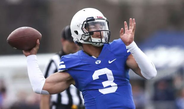 BYU quarterback Jaren Hall throws the ball downfield during BYU’s Spring Game at the former Provo...