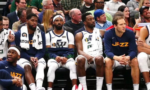 Utah Jazz players watch from the bench during a preseason game with the Portland Trail Blazers at V...