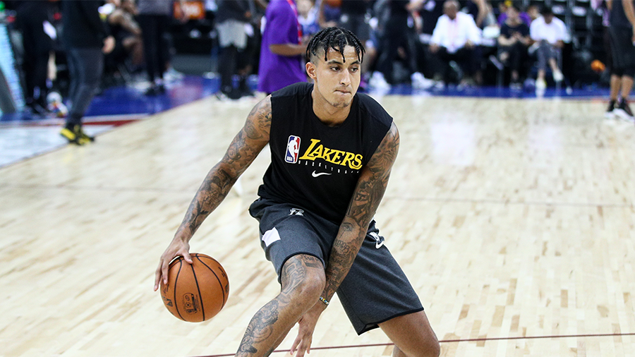 #0 Kyle Kuzma of the Los Angeles Lakers warms up before the match against t...