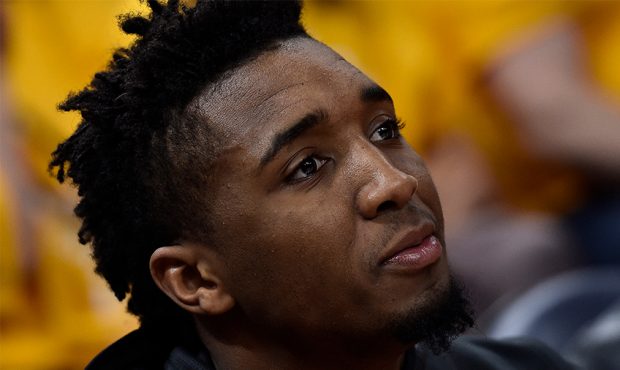 Donovan Mitchell #45 of the Utah Jazz looks on prior to the start of Game Three of Round Two of the...